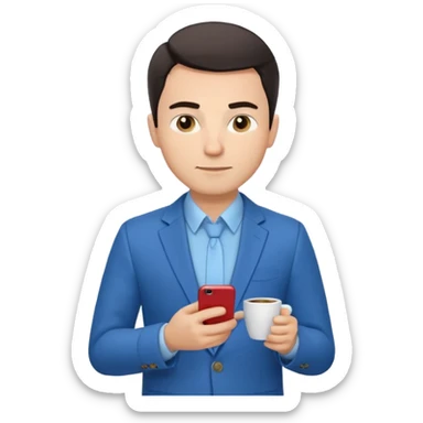 Confident male entrepreneur, Caucasian features, short dark hair, defined eyebrows, slight smile, wearing blue blazer over light blue shirt, holding a smartphone in one hand and a coffee cup in the other, waist-up, front-facing sticker