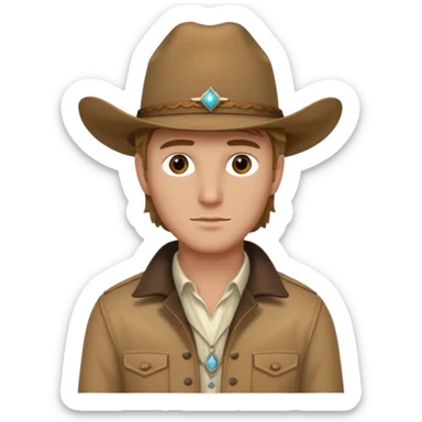 Ennis Del Mar (Male) from Brokeback Mountain with brown eyes, dark blonde hair, ivory shirt, brown jacket and cowboy hat sticker