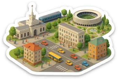 Изометричная миниатюрная фотореалистичная 3D модель панорамы Краснодара - вокзал Краснодар, КубГМУ, парк Краснодар со стадионом, краснодарские дома, автотранспорт четкие линии, яркие цвета, мультяшный реализм, люди, автотранспорт, компактная композиция, вид сверху в изометрии, прозрачный фон sticker