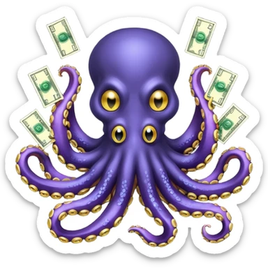 Intimidating octopus with pearl black skin, neon suction cups. Evil glaring eyes. Wearing a thick gold chain. 3 tentacles are holding their own cellphone, 2 other tentacles are holding stacks of money sticker