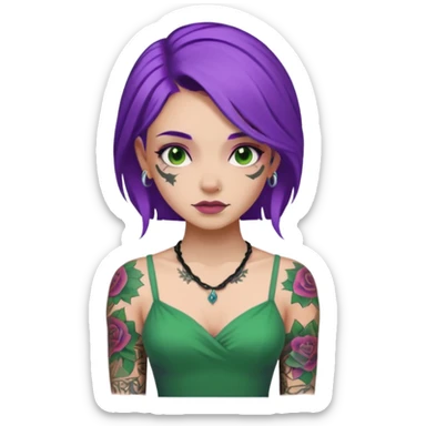 women with tatoos and hightlight that tatoos with purple hair and green dress sticker