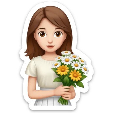 girl with brown hair wearing a white skirt holding a bouquet of flowers sticker