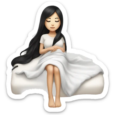 asian cute girl with long beauty black hair sleeping with white blanket and pillow no bed sticker