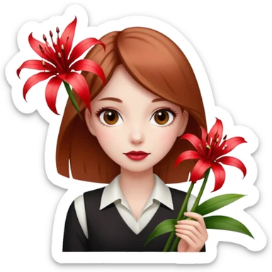 Create emoji a girl with light brown hair pale skin black eyes having poker face holding a red spider lily flowef sticker