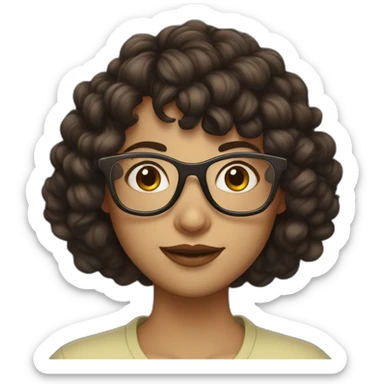 girl with short curly dark brown hair and bangs and thin glasses sticker