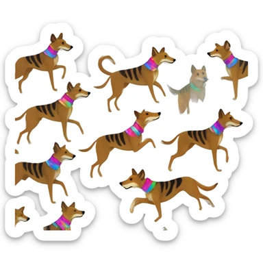  brindle brown black maroon striped lurcher Alsatian fox running blue eyes and iridescent holographic oilslick harness wearing paper iridescent tropical flower crown yellow caution tape sticker