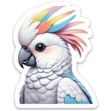 Cinematic Noble Cockatoo Portrait Emoji, Poised and regal, with a striking, crest-adorned head of brilliant white and pastel hues, a robust, curved beak, and piercing, intelligent eyes, Simplified yet sharp and sophisticated features, highly detailed, glowing with a soft, tropical luminescence, high shine, intelligent and majestic, stylized with an air of avian elegance, focused and alert, soft glowing outline, capturing the essence of a watchful and confident cockatoo that appears ready to unfurl its crest out of the screen with effortless authority! sticker