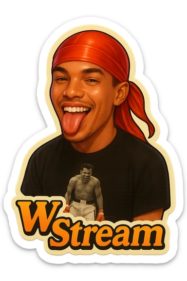 Make him Smiling with tongue sticking 
Change His durag To Red
Add the words W Stream sticker