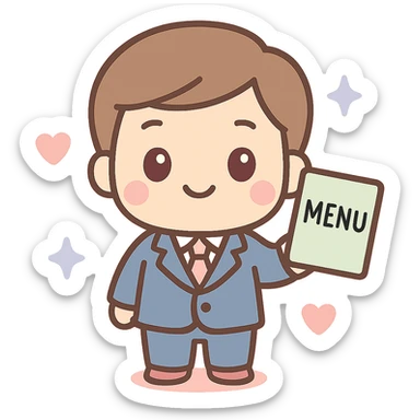 Make the restaurant owner wear a suit, keep the kawaii chibi anime style with flat pastel colors, thick outlines, and simple cute features, transparent background. sticker