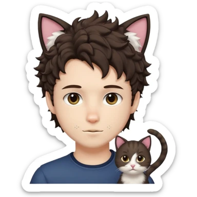 white boy with cat tail with goatee hair and cat ears with dark brown hair and anime features woth curly hair  sticker