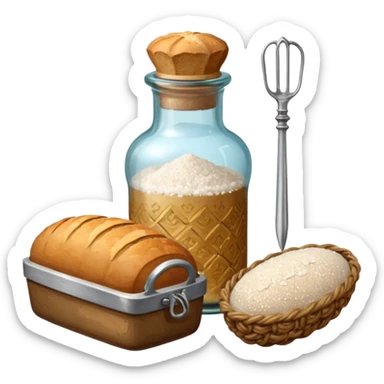 a one victorian bottle of salt and a loaf of bread - crochet needles and a ball of wool sticker