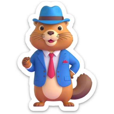 beaver dressed as a gangster, wearing a fedora and suit, confident pose sticker