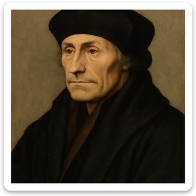classic portrait of Erasmo de Rotterdam, serious face, wearing a dark cap and dark robe, neutral background sticker
