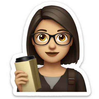 A girl with medium fair skin, short dark brown hair that reaches her shoulders, dark brown eyes, wearing rectangular glasses, smiling calmly and holding a book in her hand with a black cup of coffee sticker