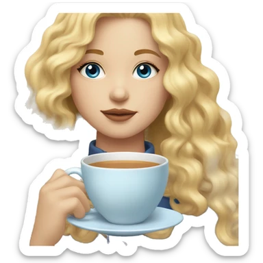Girl sipping tea with blonde wavy hair and blue eyes sticker