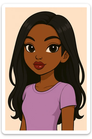 Remove the wink, keep both eyes open with a sassy attitude, headshot only, 20-year-old anime Bratz style woman with dark skin, straight hair, cute pastel Y2K look, big expressive eyes, glossy lips, no hat, no tears, confident and playful expression, in anime Bratz style. sticker