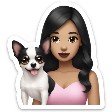 Thick medium black hair with black eyes and pink lip and pink cheek Filipino lady with black and white Chihuahua  sticker