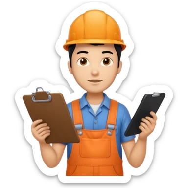Indian male railway engineer orange overalls, boots holding a clipboard back of head sticker