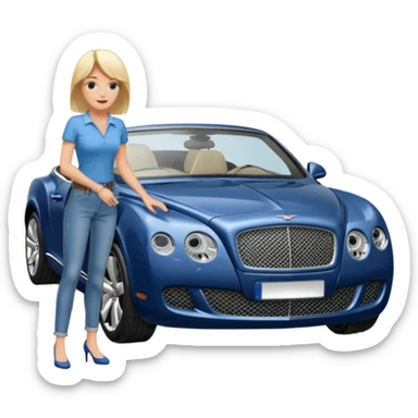 A heavy set middle aged blond lady in blue jeans washing a black Bentley car. show the full car and the lady next to it. show the face smaller and the person standing beside it...use the  sticker