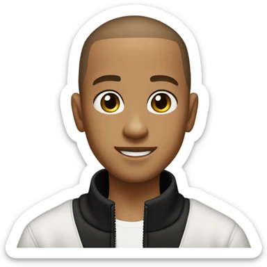 boy with very light brown skin, buzz cut, no facial hair, wearing a smart black quarter zip jumper with white t shirt underneath. sticker