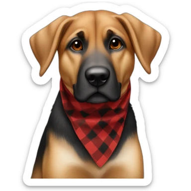 75% Coonhound 25% German Shepherd mix dog wearing small pointed red buffalo plaid bandana pointing down side view full body facing left sticker
