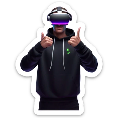 Russian man wearing a black hoodie with "OMG" letters on it and VR headset oculus quest 2 in a cyberpunk VR environment with violet neon lighting. Showing direction with hand sticker
