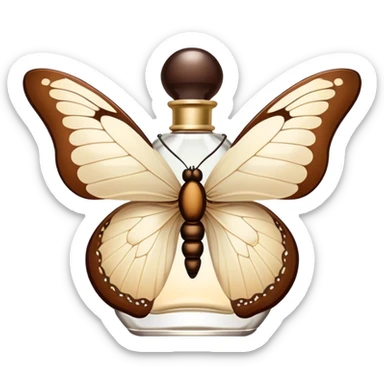 A delicate butterfly with wings in ivory and beige, and a flacon of vintage-style brown aesthetic perfume sticker