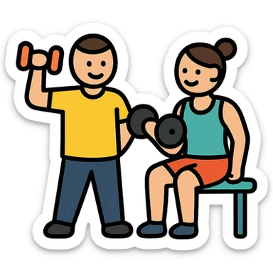 two friendly gym buddies working out together, simple and clear icon style sticker