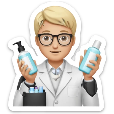 blonde man with white coat and glasses holding skincare products sticker