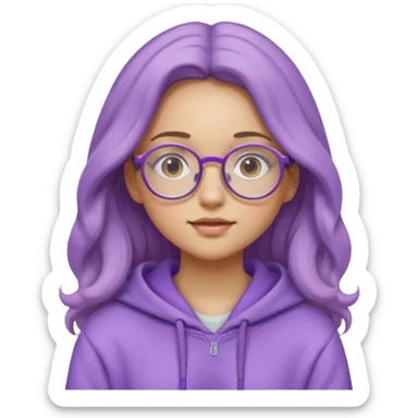 Chica de pelo largo y ondulado, con gafas redondas y expresión suave; viste una sudadera lila y transmite un estilo tranquilo y relajado. sticker
