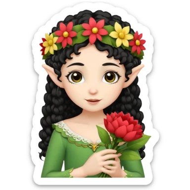 tiny Elf with Flower Crown, curley hair black, with flower bouquet sticker