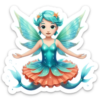 portrait of a small ocean fairy with translucent fins for wings, turquoise skin, coral-like dress, floating above water with sparkles around, joyful pose, front-facing, magical vibe sticker