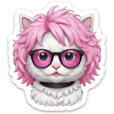 White cat wearing pink curly wig, black sunglasses, black T-shirt sticker