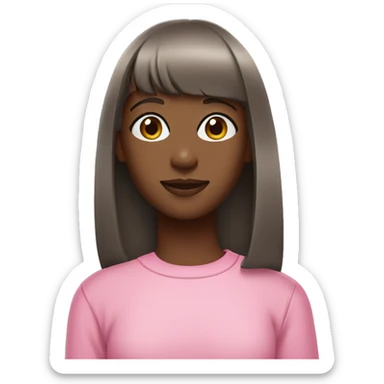 a dark brown skinned girl with straight hair and bangs, wearing a pink sweatshirt. sticker