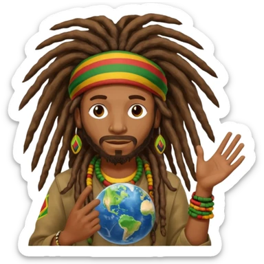 A rasta man bigging up di whole world 🎯🌍👊🏾👊🏻👊🏿🌍🎯 reggae vibes 🎶, love and unity ✨💛💚❤️, every nation stand strong 🇯🇲🌐 with the world in his hand fully of energy and it's obvious reggae music heals the soul maybe put it in text above his heard sticker