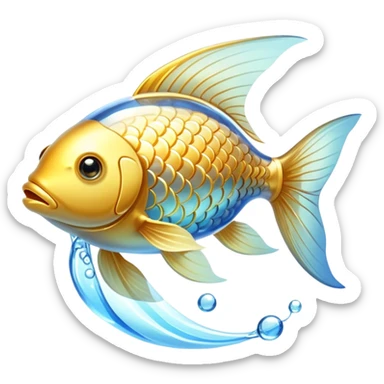 Ethereal golden fish with translucent glowing scales transforming into or carrying a shining golden omega-3 capsule. The fish appears magical and flowing, with streams of light connecting it to the capsule. Both elements emit a soft radiant glow in a dreamy atmosphere with subtle blue undertones. sticker
