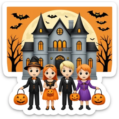 Kids trick or treating at a mansion sticker