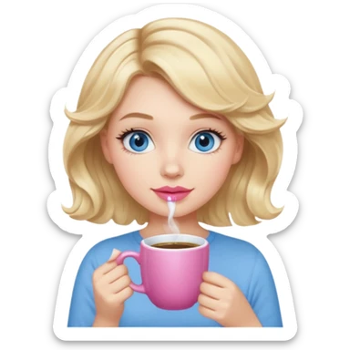 Girl Blonde short wavy hair,  blue eyes, cute blue top, long lashes, pink lips, holding white hot coffee mug sticker