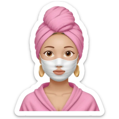 Clean girl influencer character, chest-up portrait, wearing a pink towel wrapped around the head, half-face skincare mask (applied only on one side of the face), relaxed confident expression, , minimal chic self-care aesthetic, subtle beauty accessories sticker