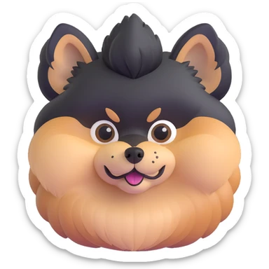 fluffy black and tan Pomeranian dog face, big dark eyes, black button nose, tan muzzle, tan eyebrow spots, thick fluffy fur, upright triangular ears with gray tips, friendly and cute sticker
