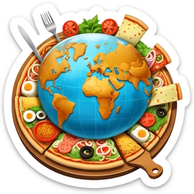 Icon for Gastronomic Tourism: a globe with various cuisines from around the world, such as pizza, sushi, tacos, and pasta, surrounded by food-related travel elements like a fork, knife, and map. Transparent background. sticker