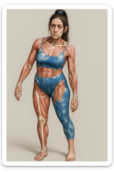 A woman in sportswear with an asymmetric posture, in a medical realistic style showing visible muscles and bones. The expression shows strong chronic stress signs including a tense face, dark circles under the eyes, and muscle tension. The background is neutral and the format is vertical. sticker