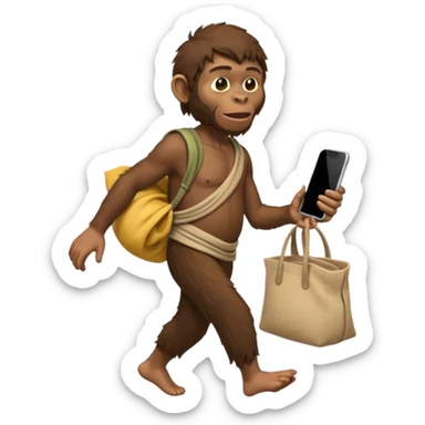Draw an Australopithecus walking like a nomad, carrying a cloth bundle on its back and holding an iPhone in one hand and an 
macbook(screen visible) in the other, in a cute flat iPhone emoji style sticker