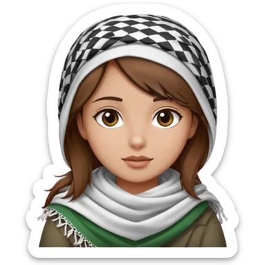A girl wearing a Palestinian keffiyeh, brown hair, beautiful, and with a wheatish complexion tending towards white  sticker