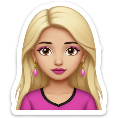 Sweet Indian girl blond long hair darkbrowm eyes brown/pink lipstick pink blush black top gold earrings brown eyebrows  sticker