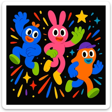 Unify the visual effects across all three mascots: use the same style of colorful motion lines, sparkles, and dynamic accents around each character, matching the playful, energetic, and imaginative vibe for a black website background. Enhance the playful, energetic, and imaginative vibe with consistent colorful motion lines, sparkles, and dynamic accents. sticker