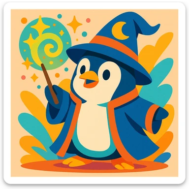 penguin wizard casting a spell with glowing effects, whimsical style sticker