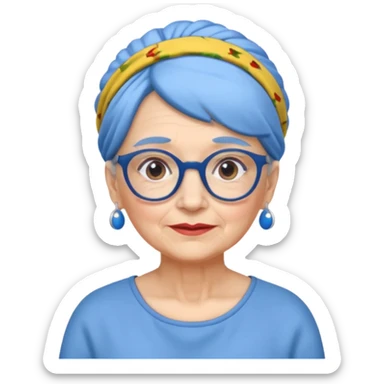 fat old woman with blue bun hair and glassess and headband sticker