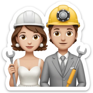 bride and groom couple, both with brown hair, bride has curlers in her hair, both wearing construction helmets and flats, groom holding a tool, emoji style sticker
