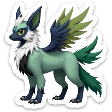 Dark-deep-colored gryphon-Trico-Nargacuga-Absol-Leafeon-Sprigatito-Silvally-fusion-hybrid with a long tufted tail, black beak, black claws, black tail, majestic, realistic, furry (full body) sticker